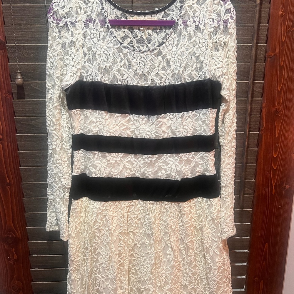 A'Reve Cream Lace Dress with Black Stripes